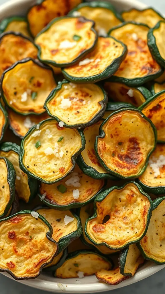 A bowl of crispy baked zucchini chips, golden and delicious.