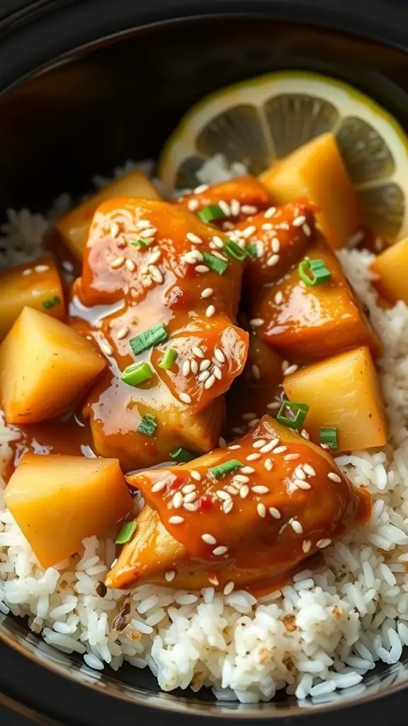 A bowl of Teriyaki Chicken with Pineapple served over rice, garnished with sesame seeds and green onions.