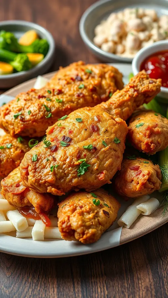 A plate of classic Southern fried chicken with a crispy golden-brown exterior and juicy pieces, served with sides.