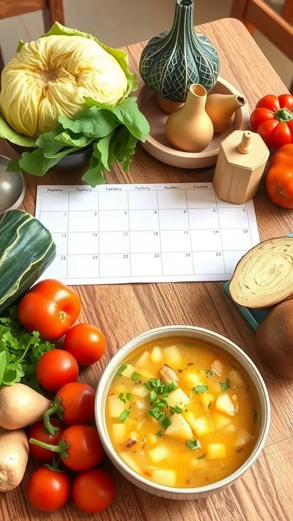 A bowl of cabbage soup surrounded by fresh vegetables and a calendar on a wooden table.