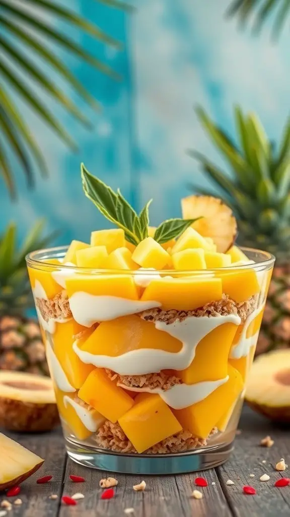 A colorful tropical fruit trifle with layers of mango and coconut cream in a clear glass, surrounded by tropical plants.