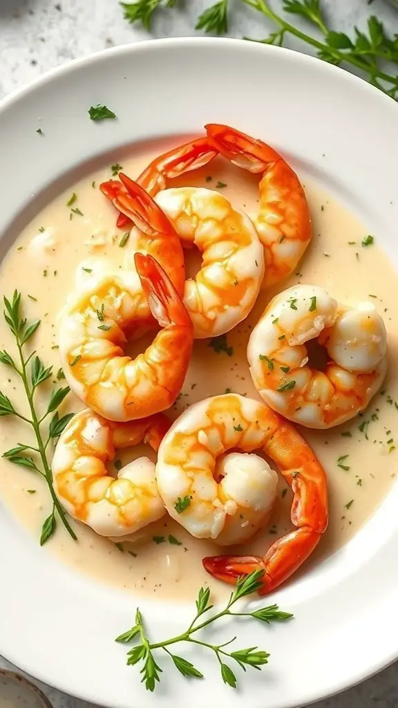 Plate of creamy garlic butter shrimp garnished with herbs