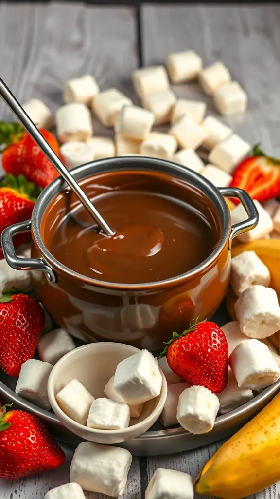 A pot of chocolate fondue surrounded by fresh strawberries, bananas, and marshmallows.