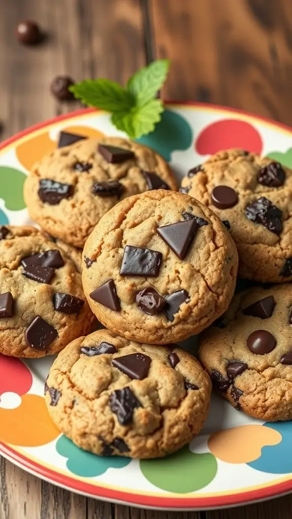 A plate of freshly baked vegan chocolate chunk cookies with a colorful design.