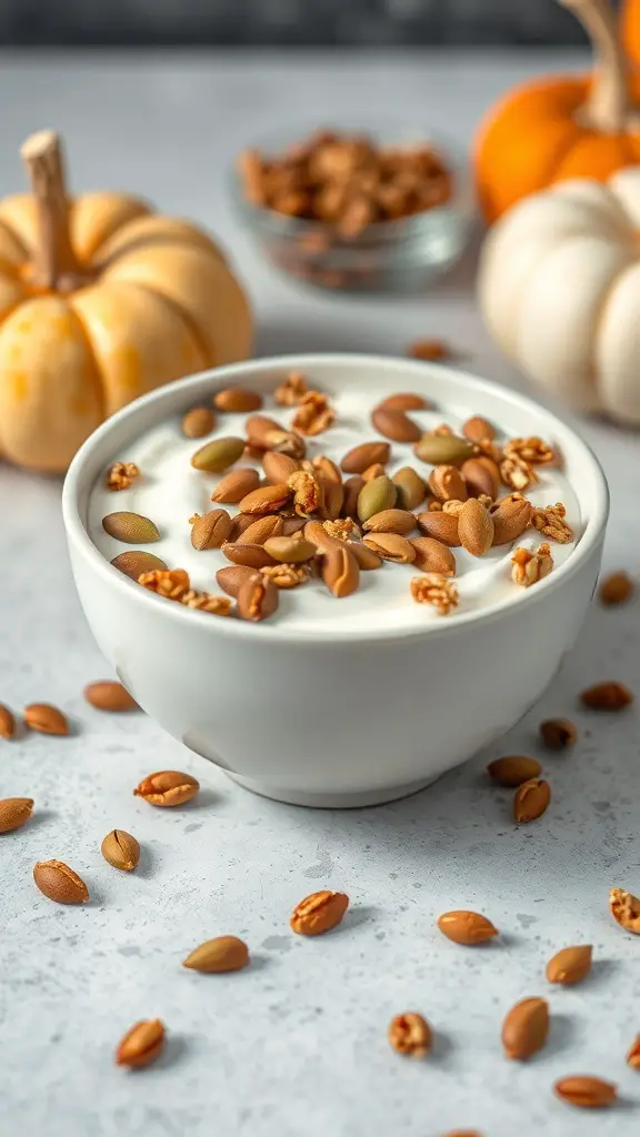 Bowl of Pumpkin Spice Greek Yogurt topped with pumpkin seeds and granola, with small pumpkins in the background.