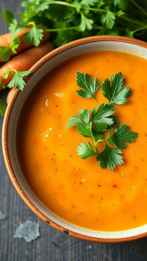 A bowl of carrot and coriander soup garnished with fresh coriander leaves, with carrots in the background.