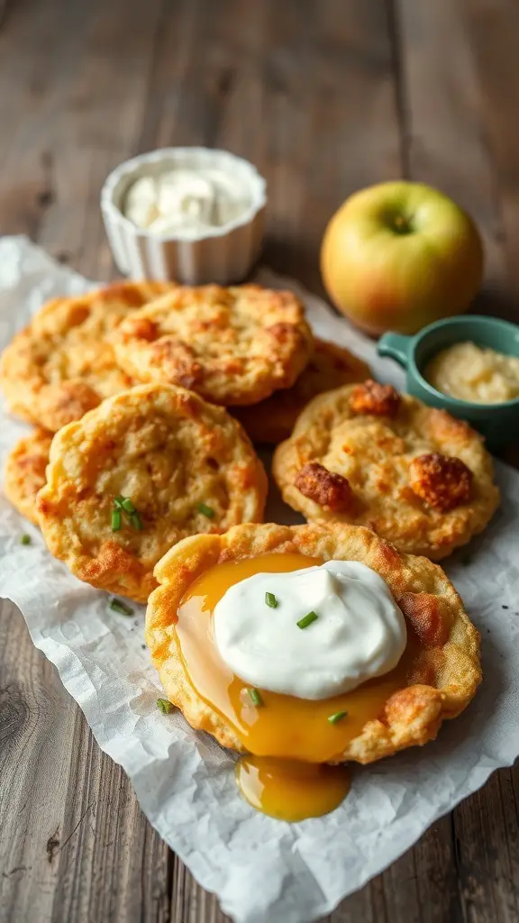 A plate of potato pancakes topped with a runny egg and sour cream, with an apple and sauce on the side.