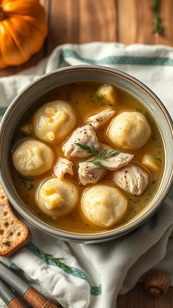 A bowl of chicken and dumplings with tender chicken pieces and fluffy dumplings in a rich broth.