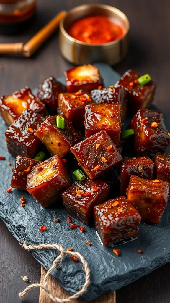 A plate of spicy pork belly bites garnished with green onions, served on a slate board.