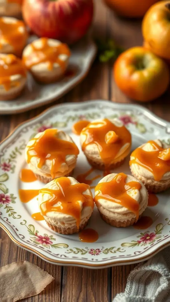 Delicious Caramel Apple Cheesecake Bites drizzled with caramel sauce on a floral plate.