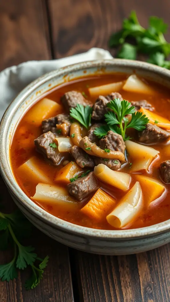 A bowl of beef and cabbage soup with chunks of beef, cabbage, and noodles, garnished with parsley.