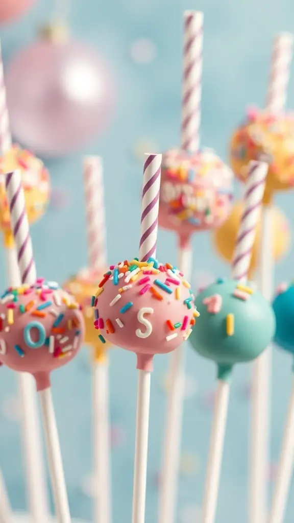 Colorful birthday cake pops with sprinkles on sticks