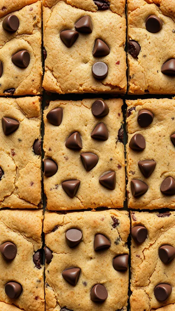 A close-up of chocolate chip cookie bars with chocolate chips on top, cut into squares.