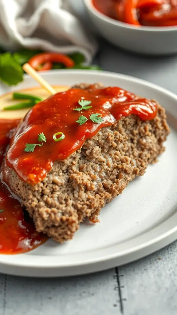 Slice of Italian meatloaf topped with tomato sauce and herbs on a plate