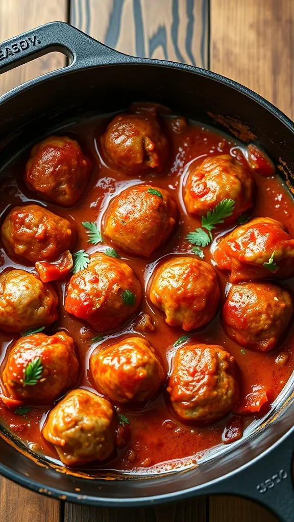 A pot filled with meatballs in marinara sauce garnished with parsley.