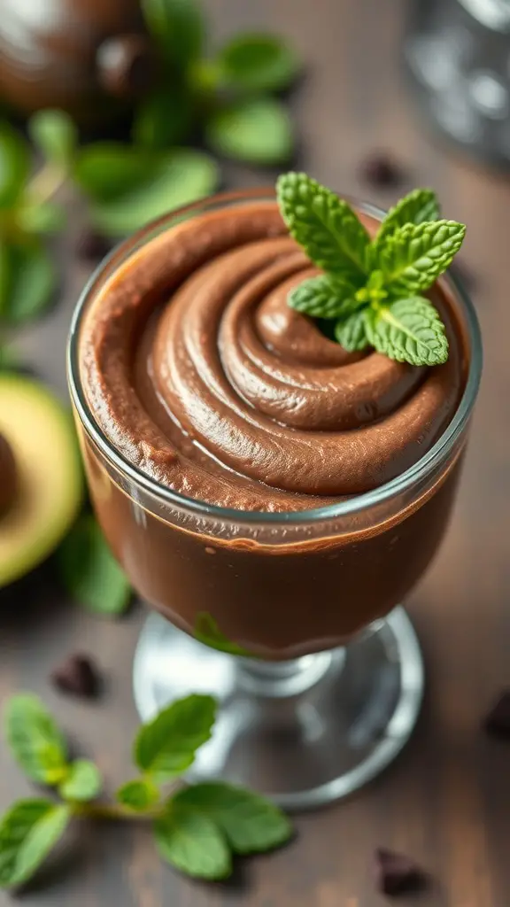 A glass of chocolate avocado mousse topped with mint leaves, surrounded by fresh mint and chocolate chips.