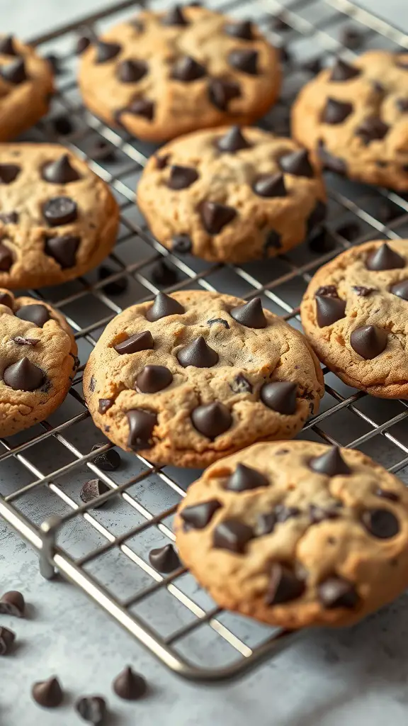 Freshly baked keto chocolate chip cookies cooling on a wire rack