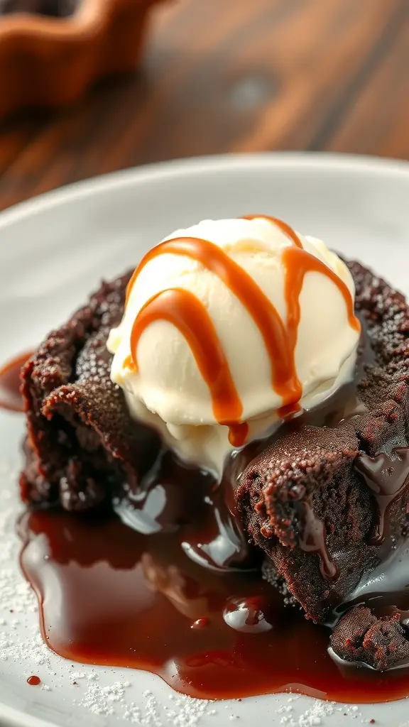 A delicious chocolate lava cake with melting center, topped with vanilla ice cream and caramel sauce.
