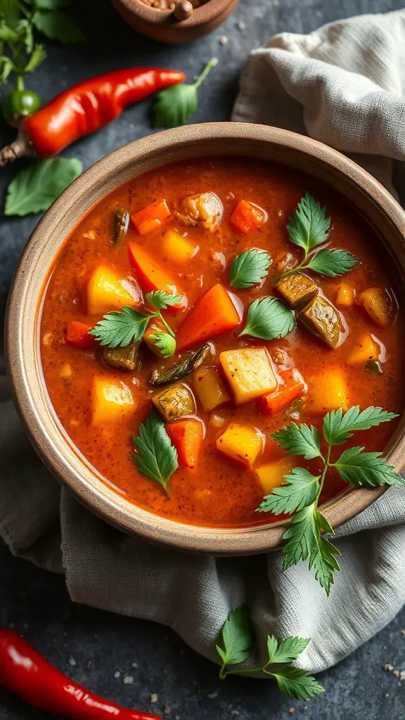 A bowl of spicy harissa vegetable soup with colorful vegetables and fresh herbs.