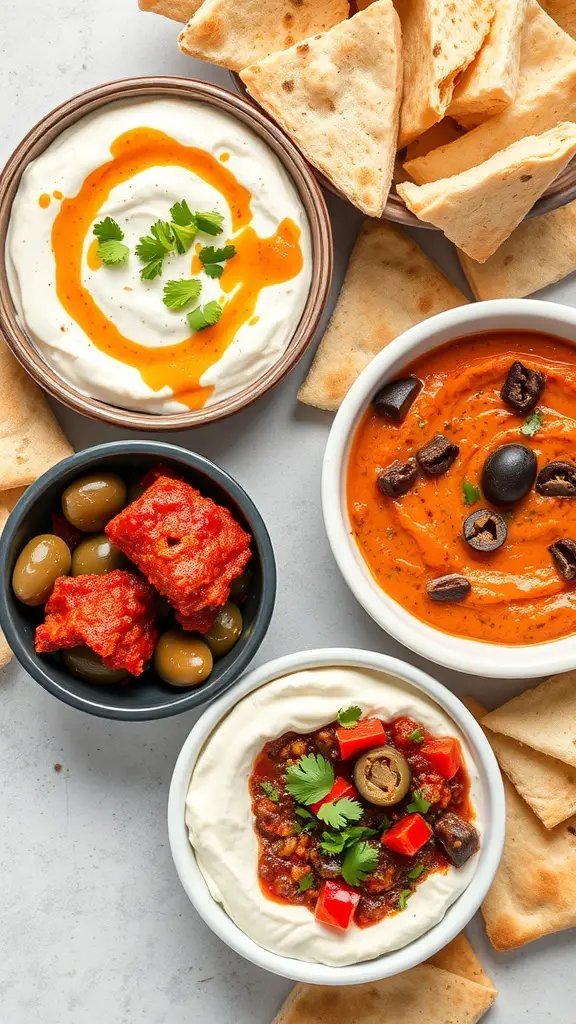 A variety of savory spreads and dips on a mezze platter with pita bread.