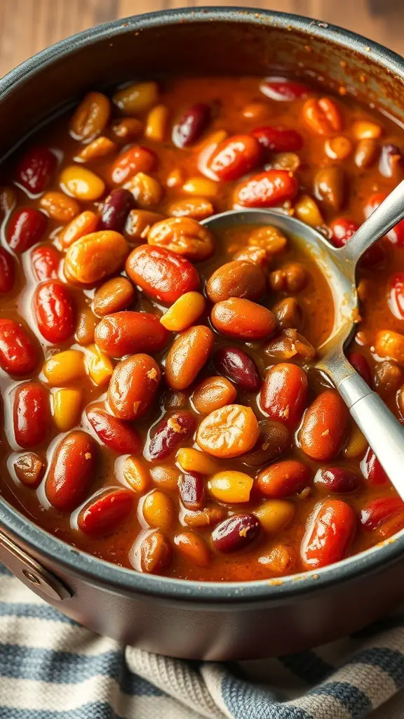 A pot of Southern baked beans with a variety of colorful beans in a rich sauce.