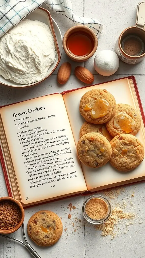 An open recipe book with brown butter cookie ingredients and freshly baked cookies on a kitchen countertop.
