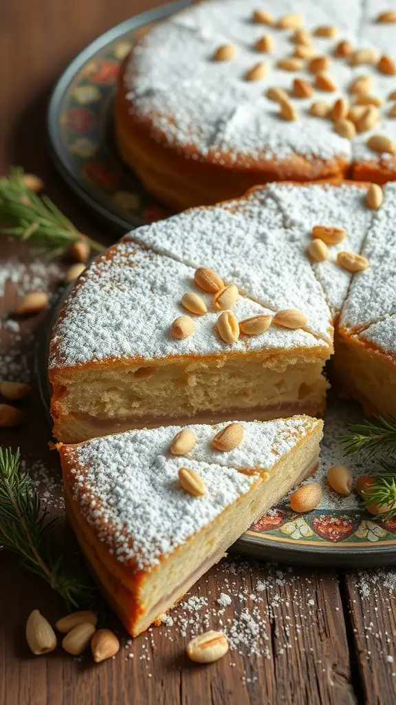 A slice of Torta della Nonna, a custard pie topped with powdered sugar and pine nuts, on a decorative plate.