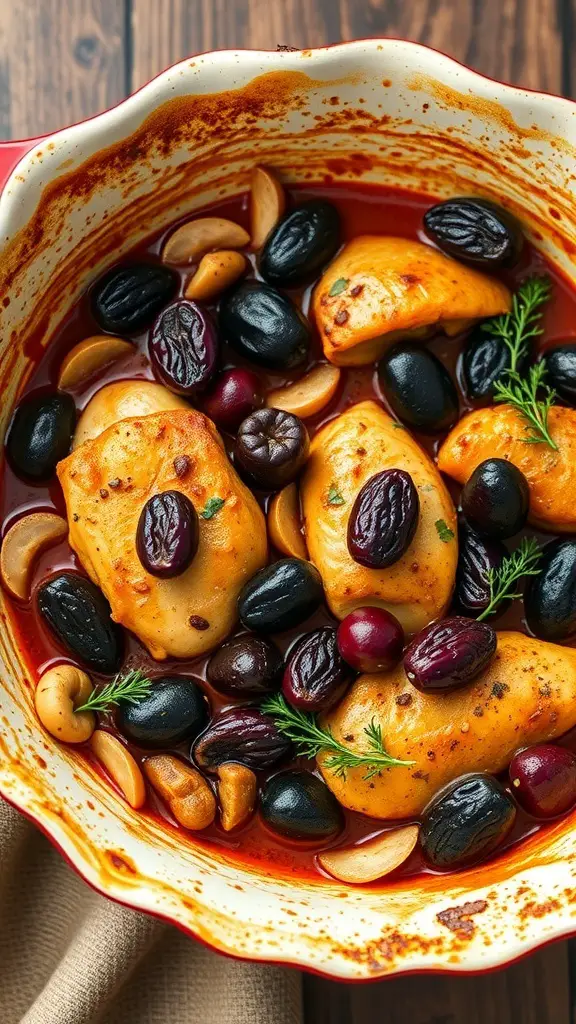 A dish of Chicken Marbella with prunes and olives, featuring chicken pieces, olives, and prunes in a rich sauce.