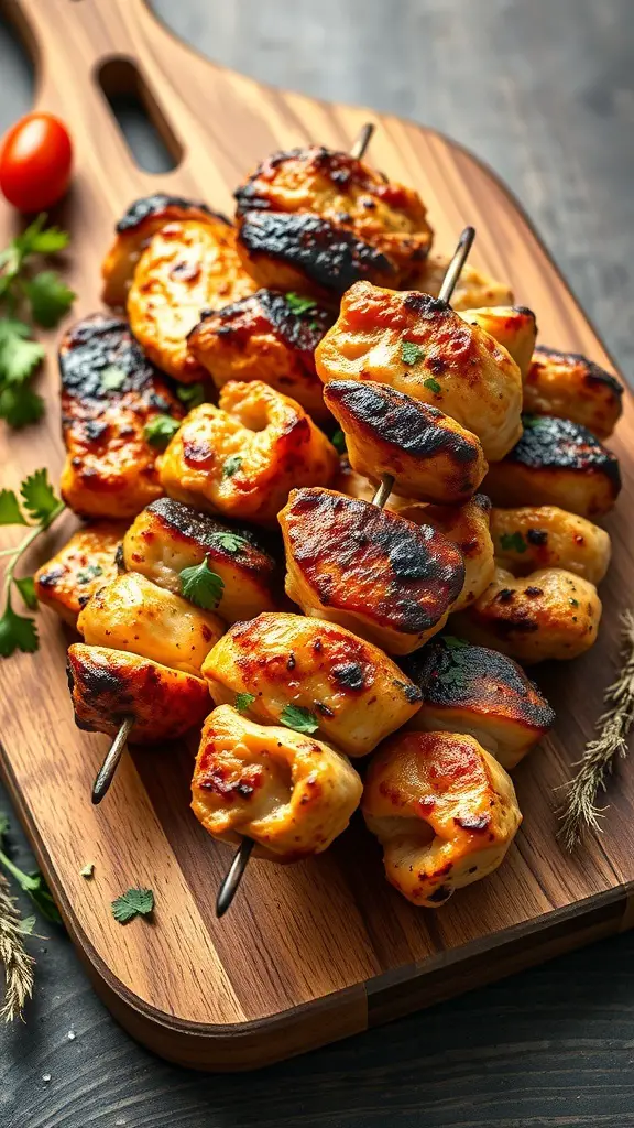 Grilled Mediterranean chicken skewers on a wooden cutting board