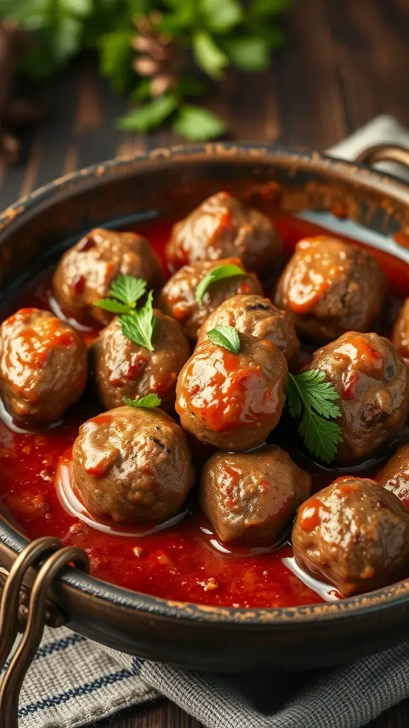 A bowl of meatballs in sauce garnished with herbs