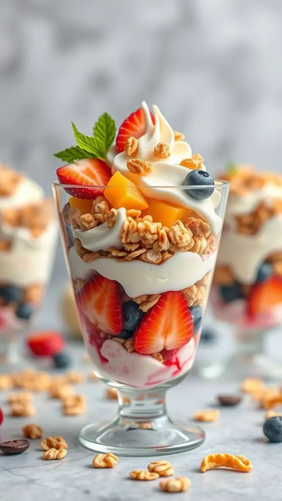 A colorful frozen yogurt parfait with layers of yogurt, fruits, and granola in a glass