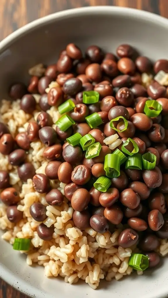 A bowl of black-eyed peas on rice garnished with chopped green onions.