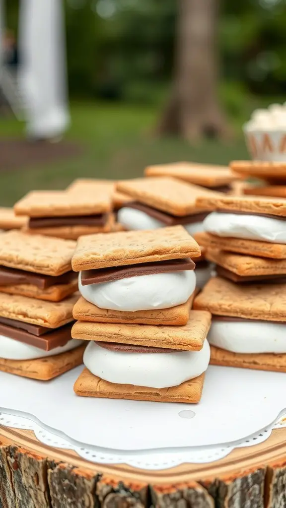 A stack of s'mores inspired cookies with graham crackers, marshmallow, and chocolate