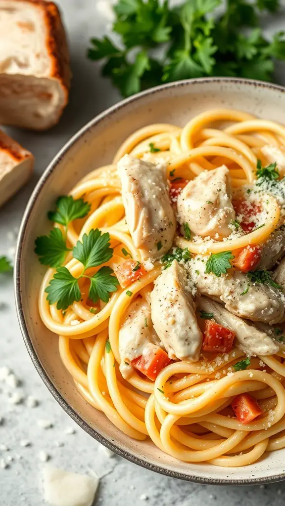 A bowl of creamy garlic chicken pasta with chicken pieces and parsley on top.