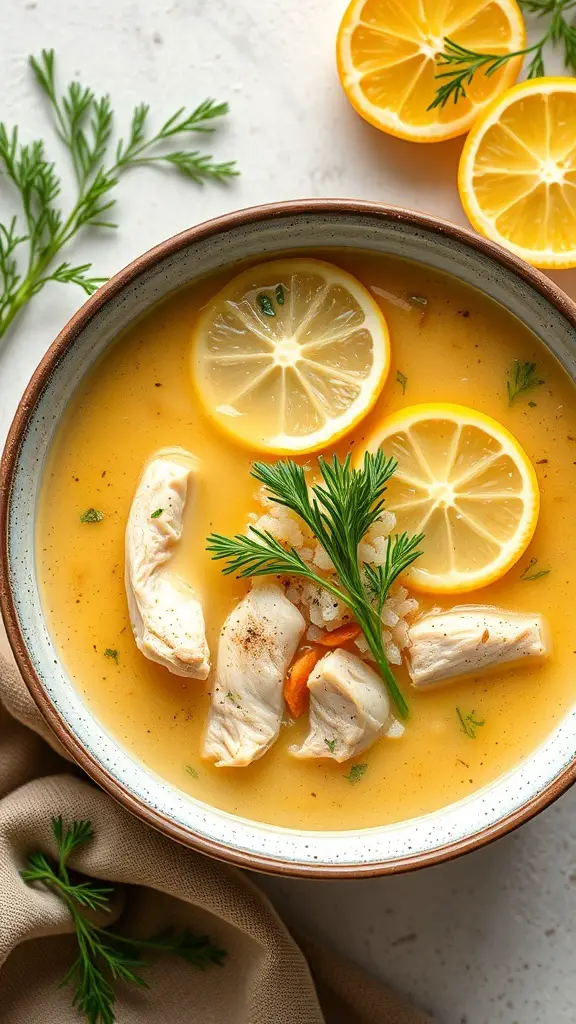 A bowl of Greek Avgolemono soup with chicken, lemon slices, and herbs