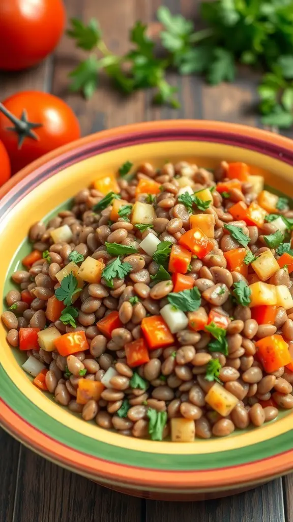 A colorful Mediterranean lentil salad with lentils, diced bell peppers, onions, and parsley in a bowl.