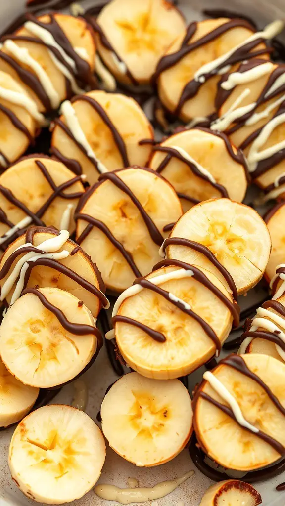A plate of chocolate dipped banana slices drizzled with white chocolate.
