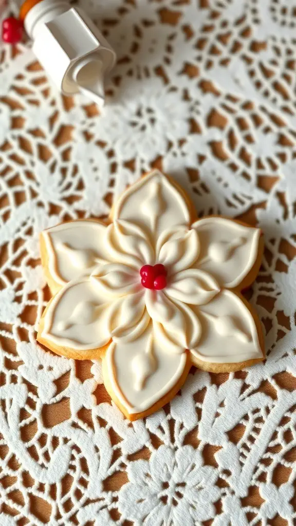 A beautifully decorated sugar cookie in the shape of a flower, featuring intricate icing details and a red center.