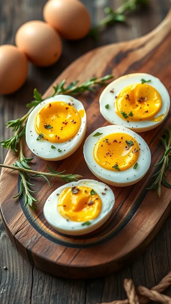 Duck eggs cut in half with bright yellow yolks, garnished with herbs on a wooden board.