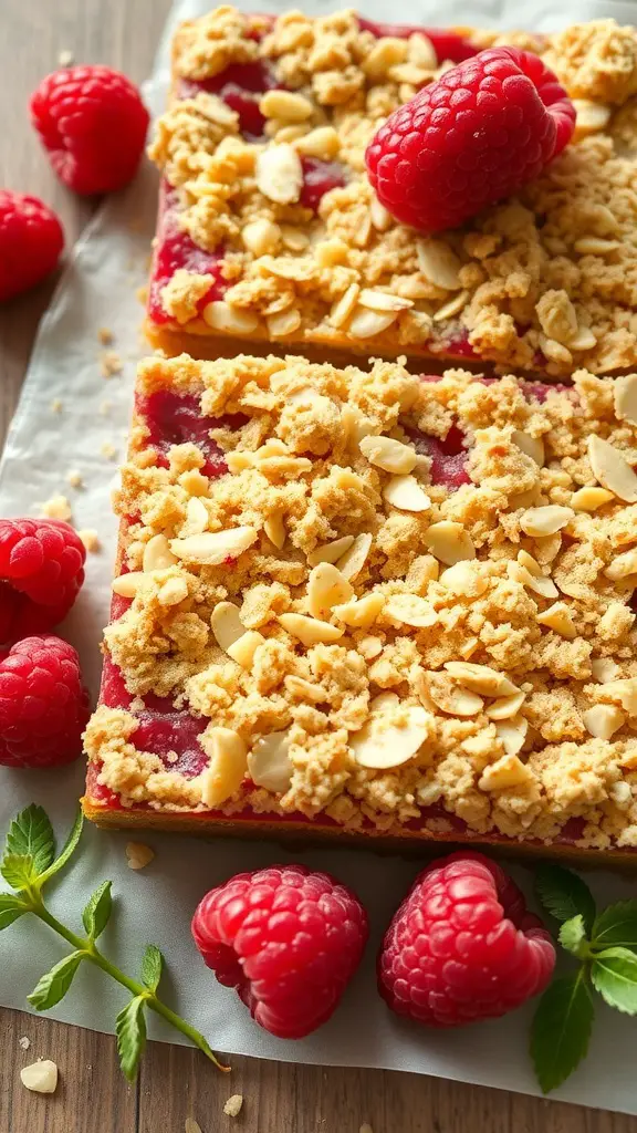 Raspberry almond crumble bars with fresh raspberries on the side