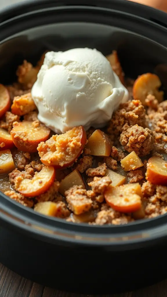 A warm apple crisp topped with vanilla ice cream in a crockpot.