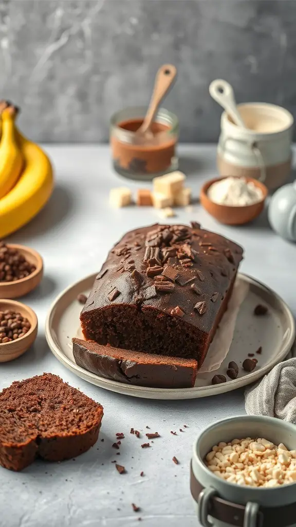A loaf of chocolate banana bread with chocolate chunks, surrounded by bananas and baking ingredients.