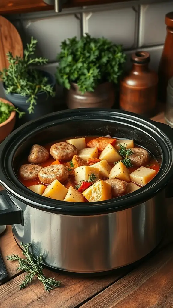 A slow cooker filled with cabbage, sausage, and potatoes, simmering together.