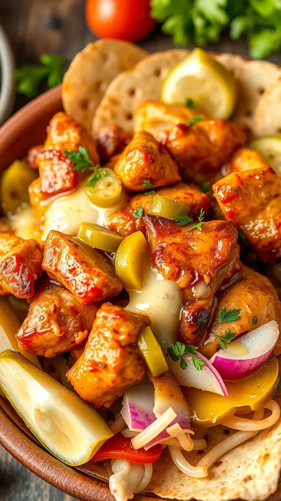 A delicious Mediterranean Chicken Shawarma Bowl featuring grilled chicken, pickles, olives, and fresh herbs.