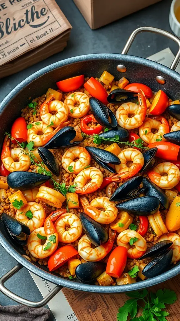 A colorful vegetable and seafood paella with shrimp, mussels, and bell peppers in a pan.