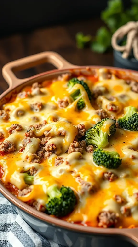 A delicious Cheesy Beef and Broccoli Bake with melted cheese and broccoli on top.