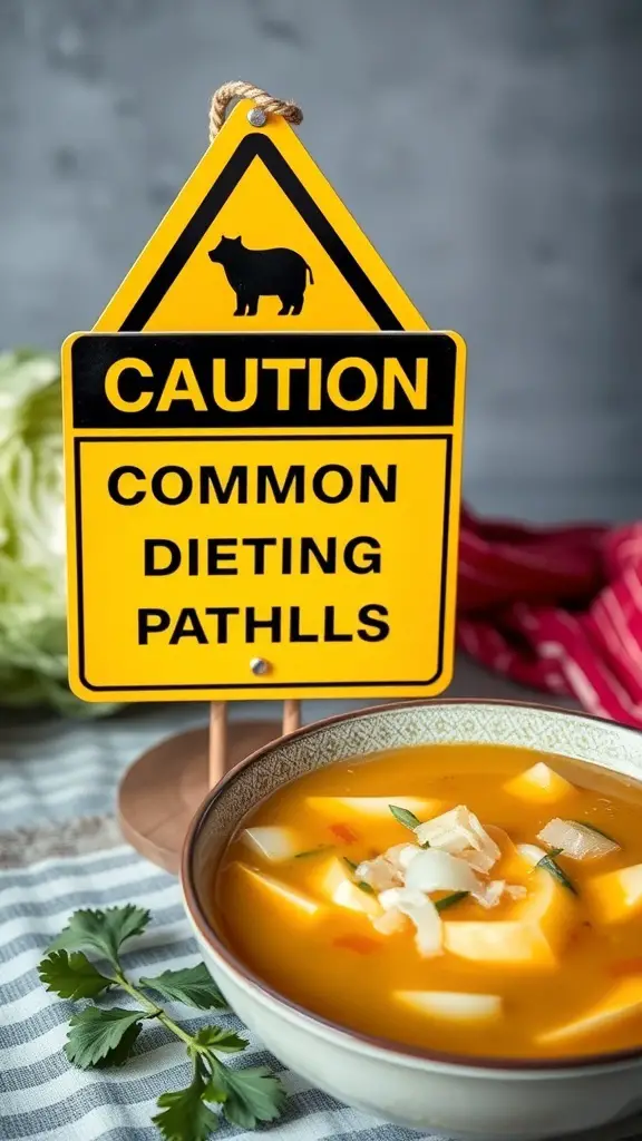 A caution sign about dieting next to a bowl of cabbage soup