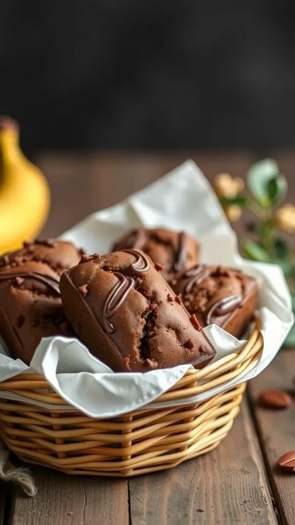 A basket filled with mini chocolate banana bread loaves, drizzled with chocolate.
