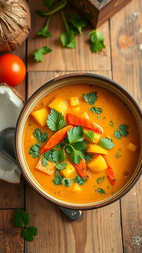 A bowl of Coconut Curry Vegetable Soup with vibrant vegetables and herbs