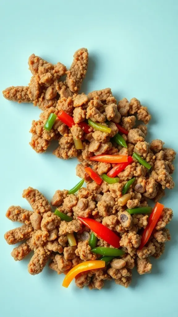 A colorful Mediterranean ground beef stir fry with bell peppers.